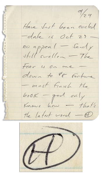 Hunter S. Thompson Autograph Letter Signed -- Have just been evicted…Sandy still swollen [pregnant] - The Fear is on me…