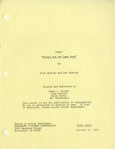 Taxi Script From 1978 -- From the Estate of Sam Simon, Co-Creator of The Simpsons & Writer on Taxi