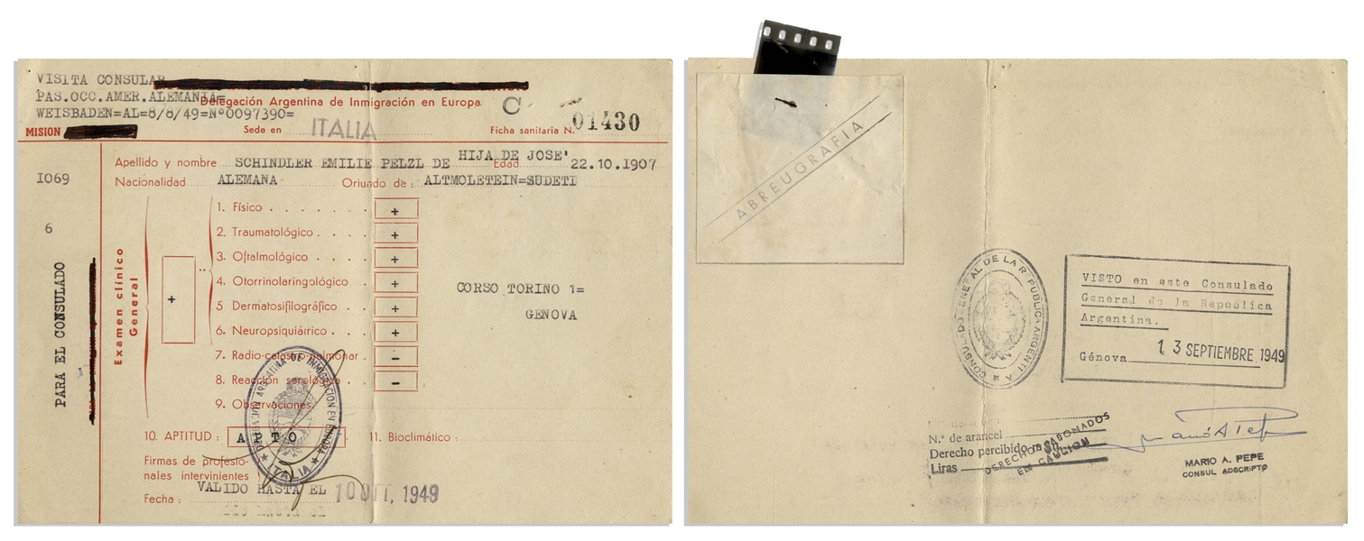 Oskar and Emilie Schindler Archive Concerning Their Move to Argentina After World War II -- Including Oskar's Boarding Document to Leave Europe