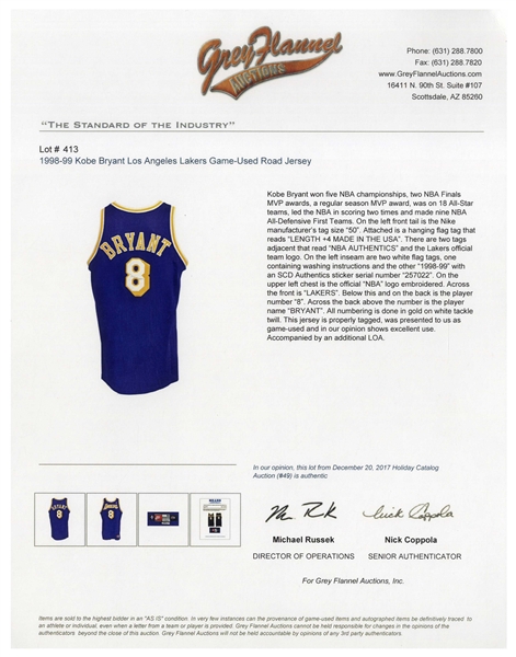 Kobe Bryant Game-Worn #8 Lakers Road Jersey From the 1998-99 Season -- With Mears & Grey Flannel COAs