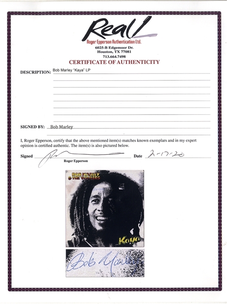 Bob Marley Signed ''Kaya'' Album -- Uninscribed -- With Roger Epperson COA