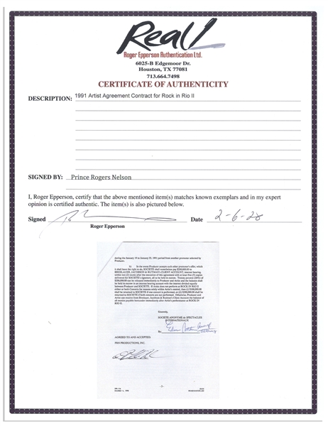 Prince Signed Contract for the ''Rock in Rio II'' 1991 Concert -- Signed ''P.R. Nelson'', With Roger Epperson COA
