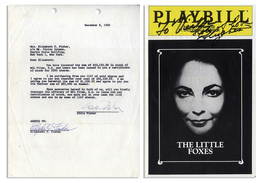 Large Lot of Elizabeth Taylor Signed Items, Including Signed Contracts, Signed Playbill & Autograph Notes Signed -- Plus Bracelet Charms Worn by Taylor From Her Fan Club