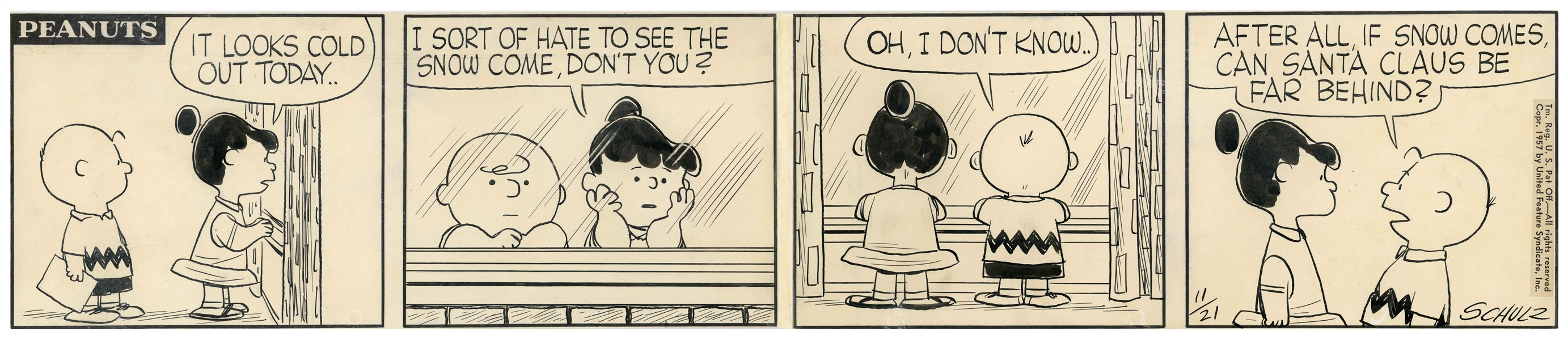 Charles Schulz Original Hand-Drawn ''Peanuts'' Comic Strip From 1957 -- In this Christmas Strip, Charlie Brown and Violet Ponder the Meaning of a Snowfall