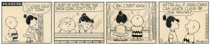 Charles Schulz Original Hand-Drawn Peanuts Comic Strip From 1957 -- In this Christmas Strip, Charlie Brown and Violet Ponder the Meaning of a Snowfall