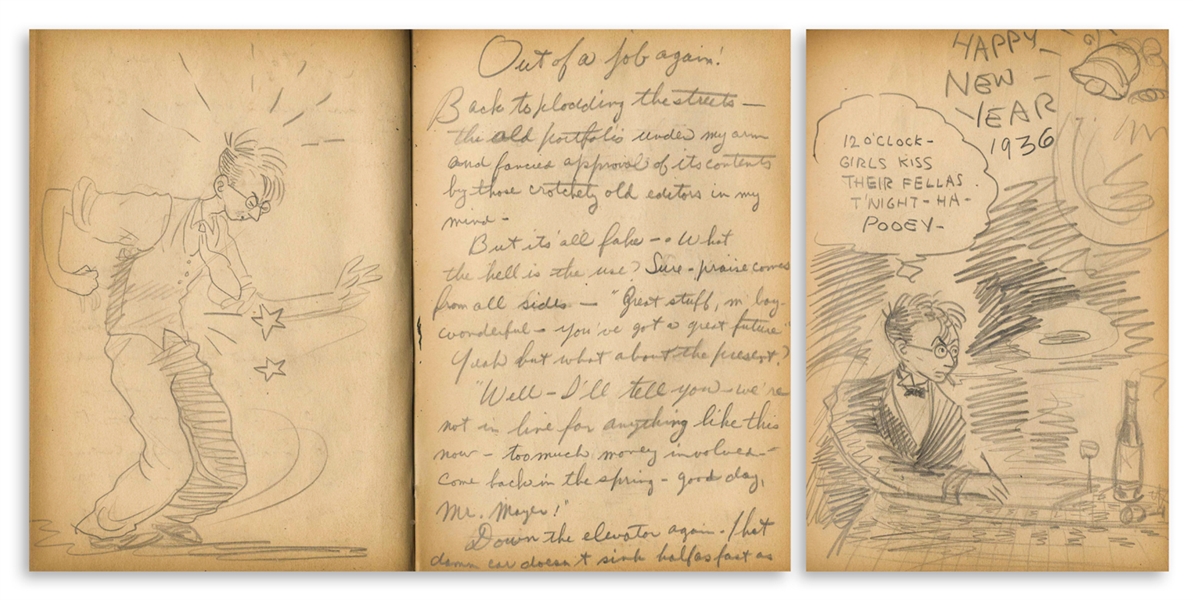 Sheldon Mayer Sketchbook & Diary From 1935-1937 With Over 65 Pages of Sketches & 70 Pages of Writing -- Mayer Recounts His Early Career Selling ''Scribbly'', Being Sued by His Former Boss & More