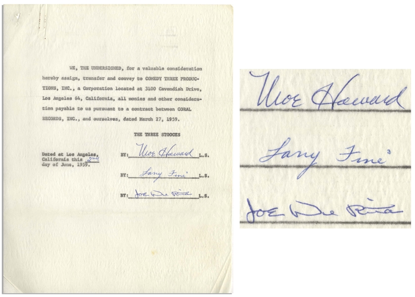 The Three Stooges Signed Agreement From 1959 -- Signed by Moe Howard, Larry Fine & Joe DeRita