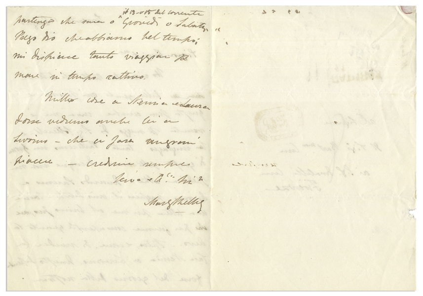 Mary Shelley Autograph Letter Signed During Her Travels Through Italy in 1843 -- Shelley Gives Thanks for Sending Letters Written by Her Late Husband, Percy Shelley