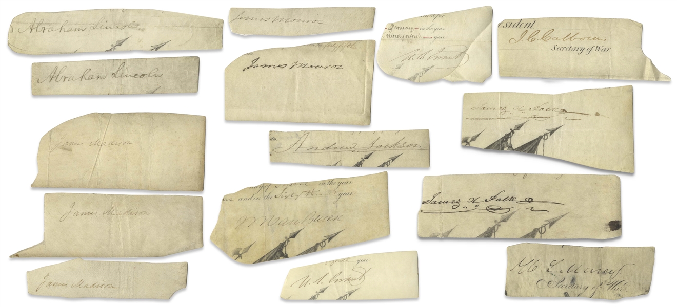 Lot of 15 Presidential & Historical Signatures -- Including 2 by Abraham Lincoln, 2 by U.S. Grant, 3 by James Madison, 2 by James K. Polk, 1 by Andrew Jackson & More