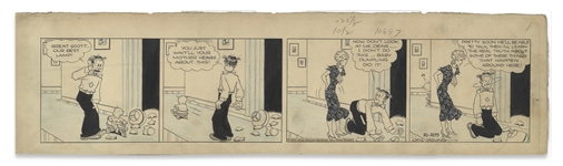 Chic Young Hand-Drawn Blondie Comic Strip From 1935 Titled A Little Light on the Subject -- Dagwoods Put on Notice