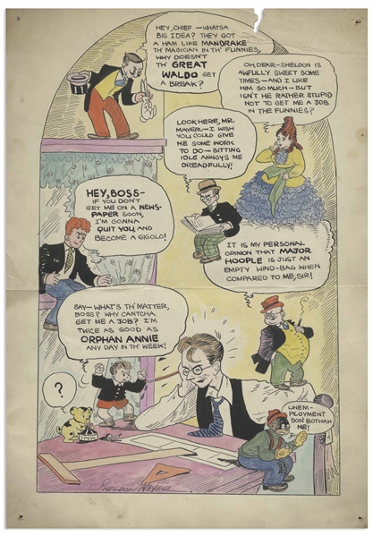 Sheldon Mayer Artwork With His Characters Talking to Him, Imploring Him to Get Them Jobs at a Newspaper in the Funnies Section -- Colorful Artwork Measures 10'' x 14''