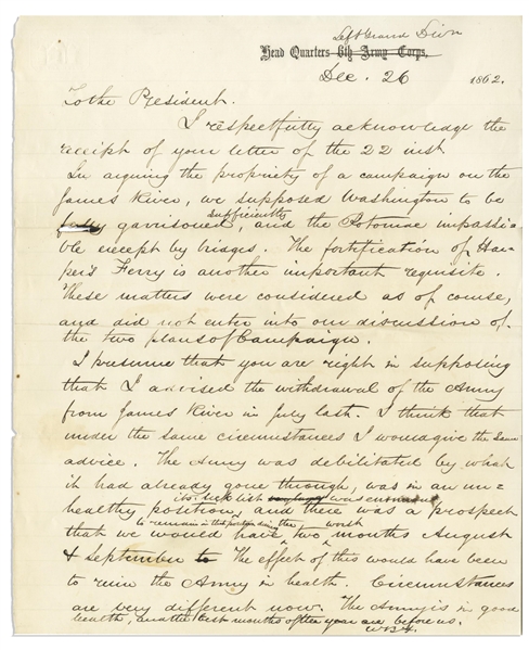 General William Franklin Autograph Draft Letter Signed to President Abraham Lincoln -- Franklin Expounds Upon His Plan to Capture Richmond After the Disastrous Battle of Fredericksburg