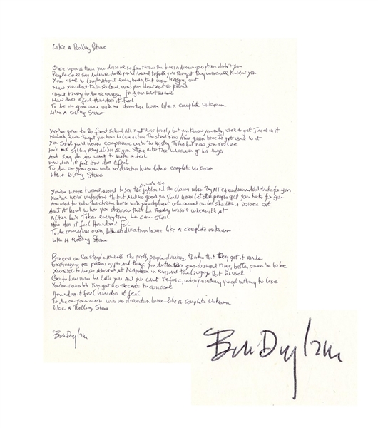 Bob Dylan Signed, Handwritten Lyrics to ''Like a Rolling Stone'', The Quintessential Rock Song -- With Jeff Rosen COA