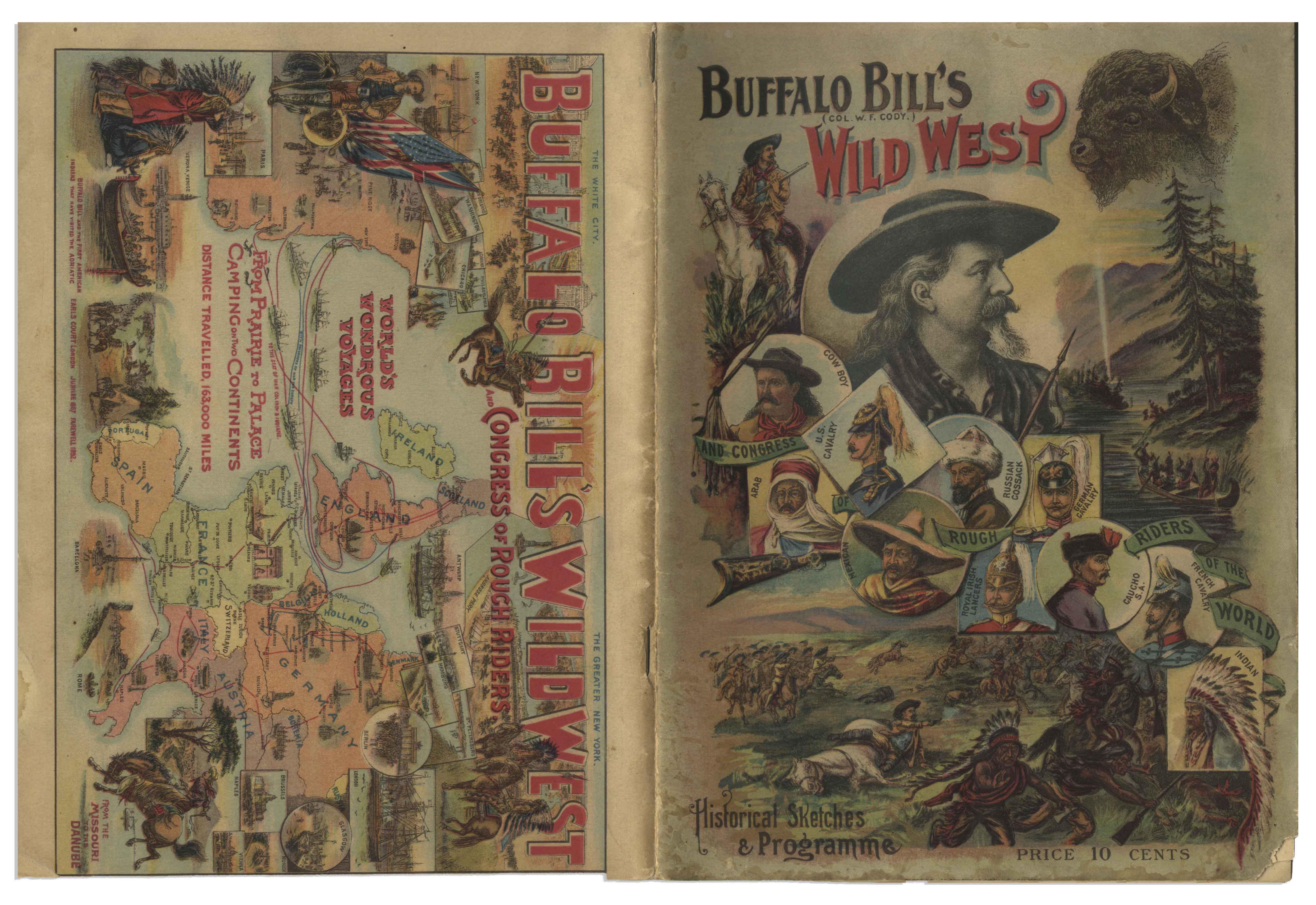 Lot Detail - 1895 Program for ''Buffalo Bill's Wild West'' Show --  Featuring Buffalo Bill Cody ''sharpshooting at full speed'', Annie Oakley &  Cody Rescuing Settlers From Attack