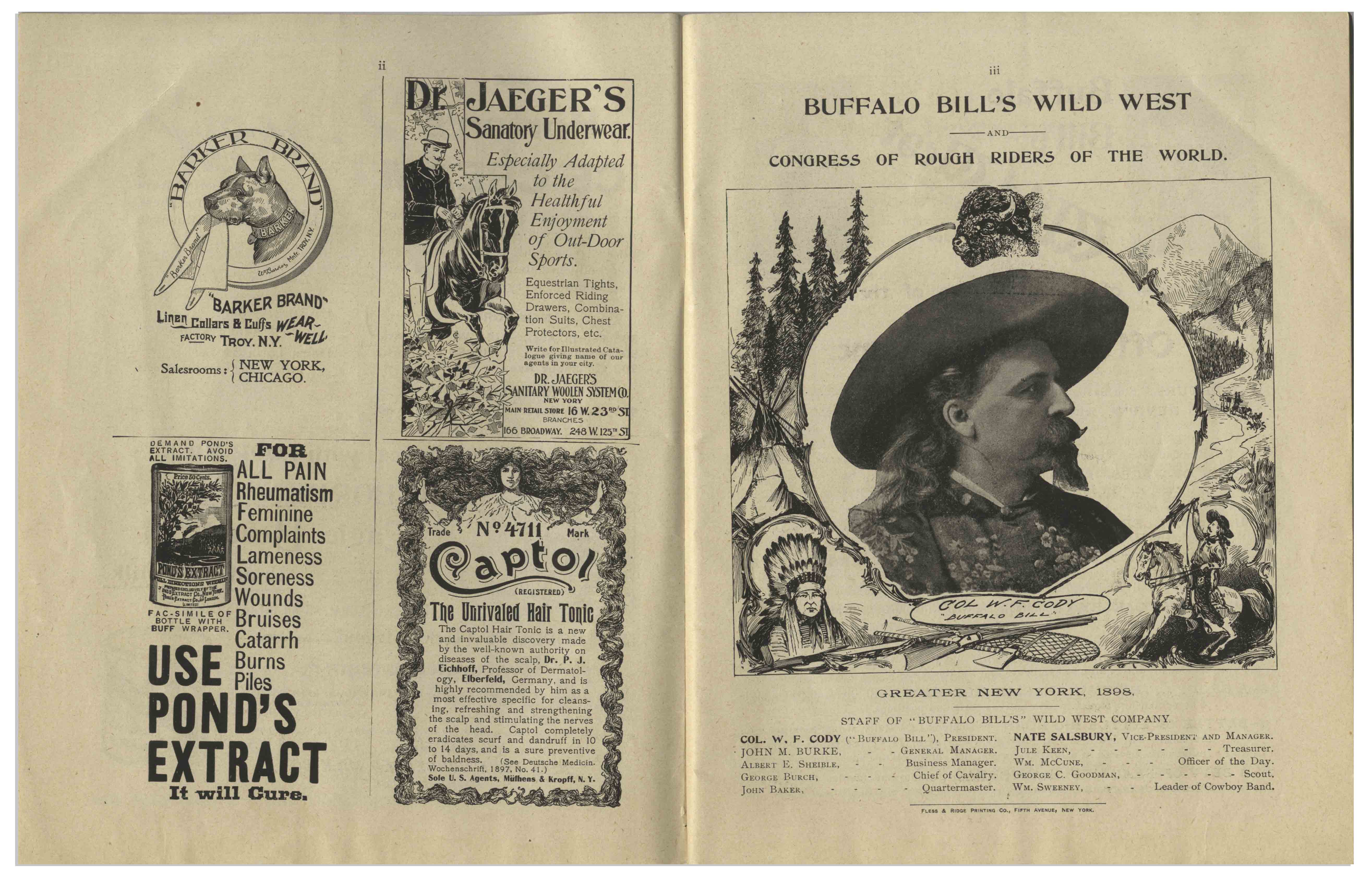 Lot Detail - 1898 Program for ''Buffalo Bill's Wild West'' Show -- Featuring Buffalo Bill Cody ''sharpshooting at full speed'', a Reenactment of the Battle Little Bighorn, Russian Cossacks & Indian Attacks