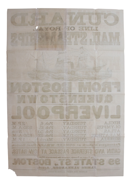 Beautiful Cunard Lines Broadside From 1877 -- Advertising Passenger Ships to Accommodate the Immigrant Explosion From Europe to the United States in the Late 19th Century