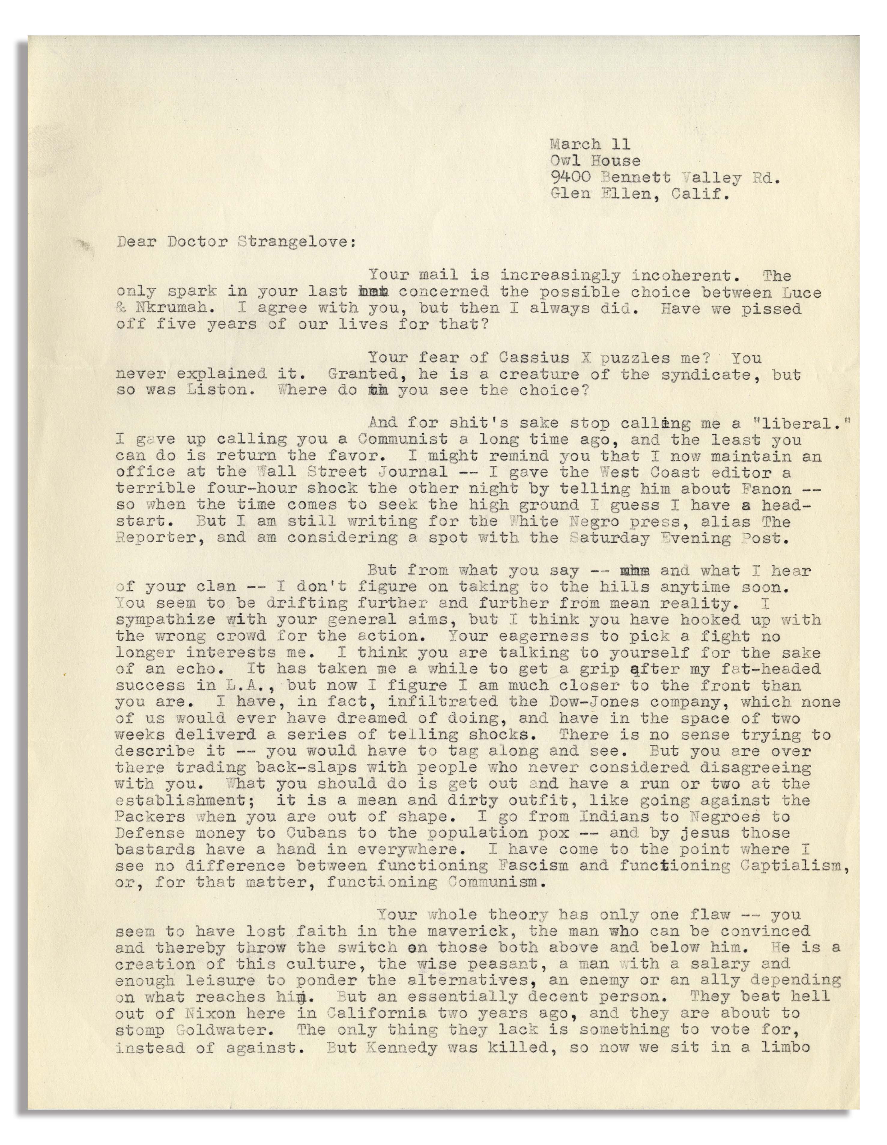 Lot Detail - Hunter Thompson 1964 Letter on ''Cassius X'', JFK & More ...