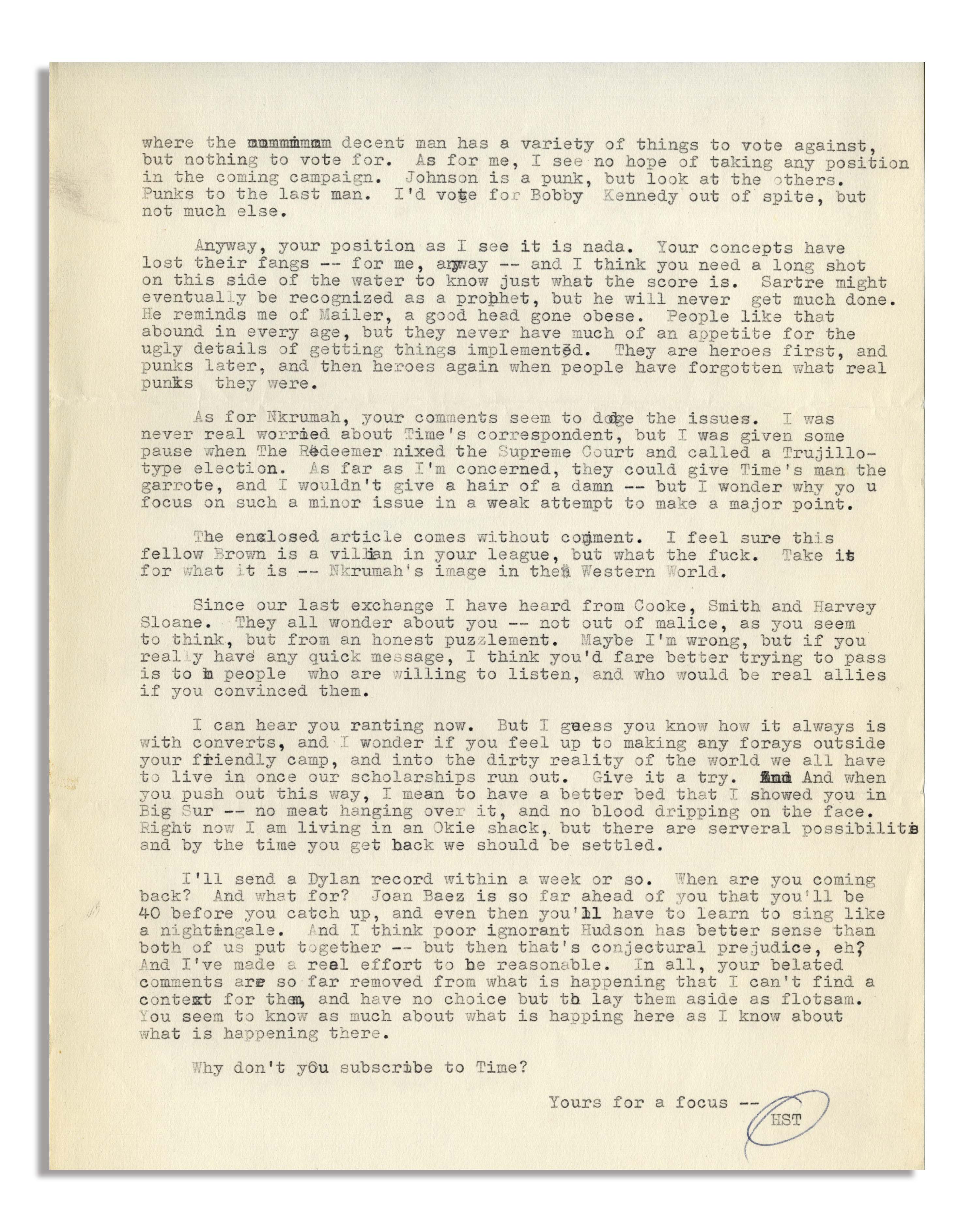 Lot Detail - Hunter Thompson 1964 Letter on ''Cassius X'', JFK & More ...