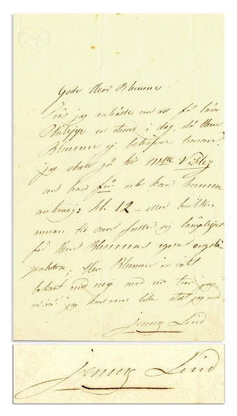 Jenny Lind, the Swedish Nightingale, Autograph Letter Signed With Her Full Name ''jenny Lind''
