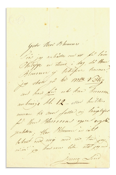 Jenny Lind, the Swedish Nightingale, Autograph Letter Signed With Her Full Name ''jenny Lind''