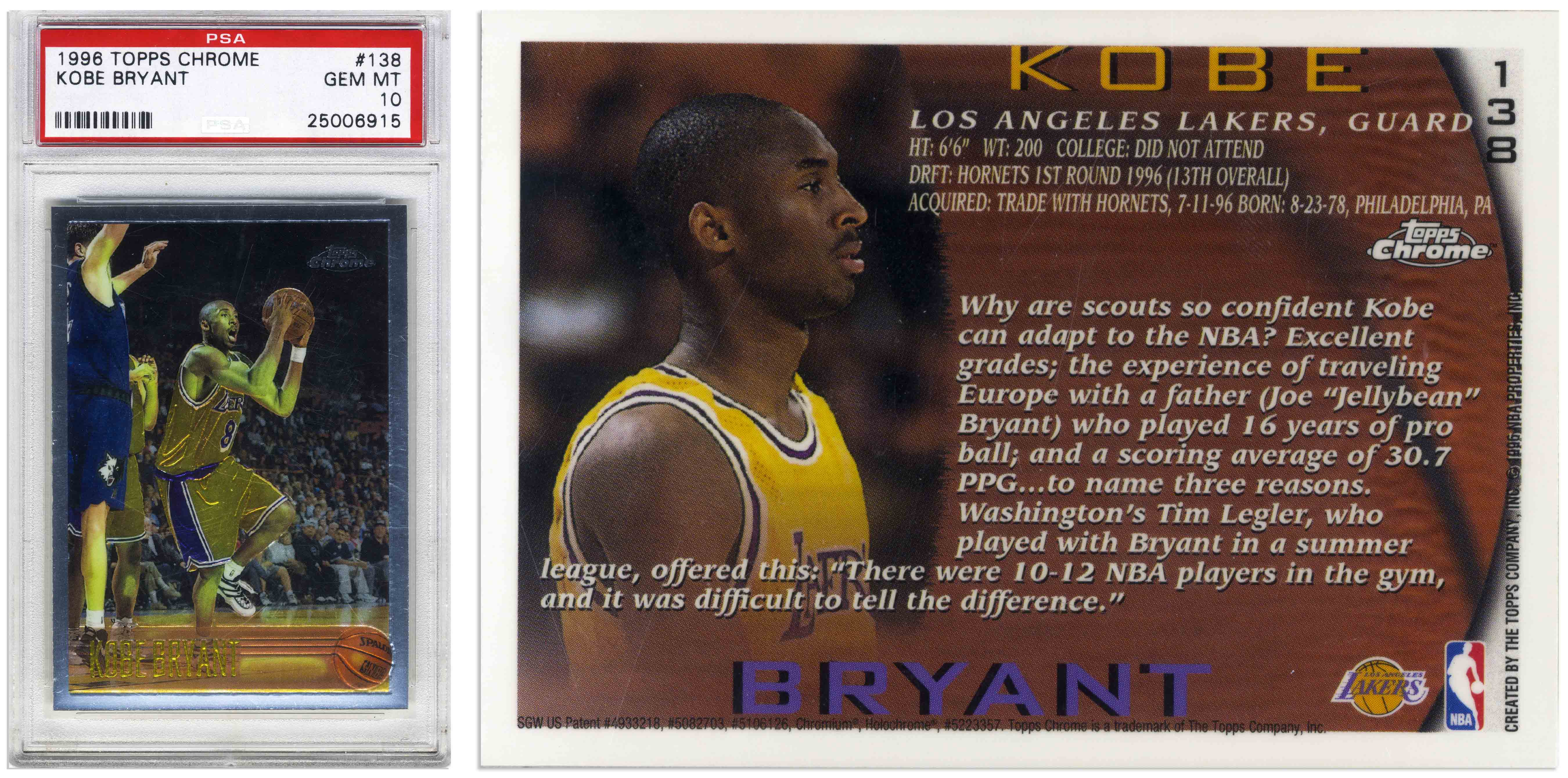 Lot Detail Kobe Bryant 1996 97 Topps Chrome Lakers Rookie Card 138 Psa Graded Perfect 10