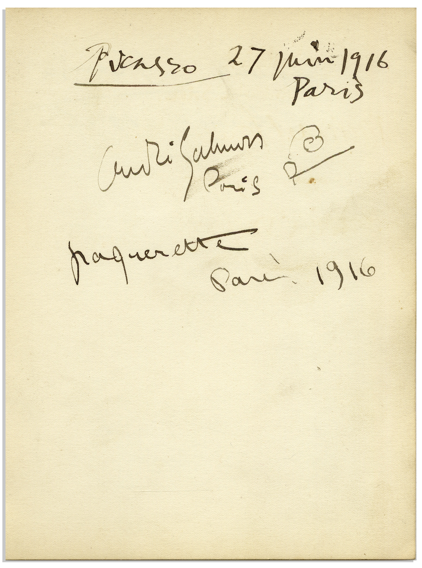 Lot Detail - Pablo Picasso Autograph From 1916 -- With University ...