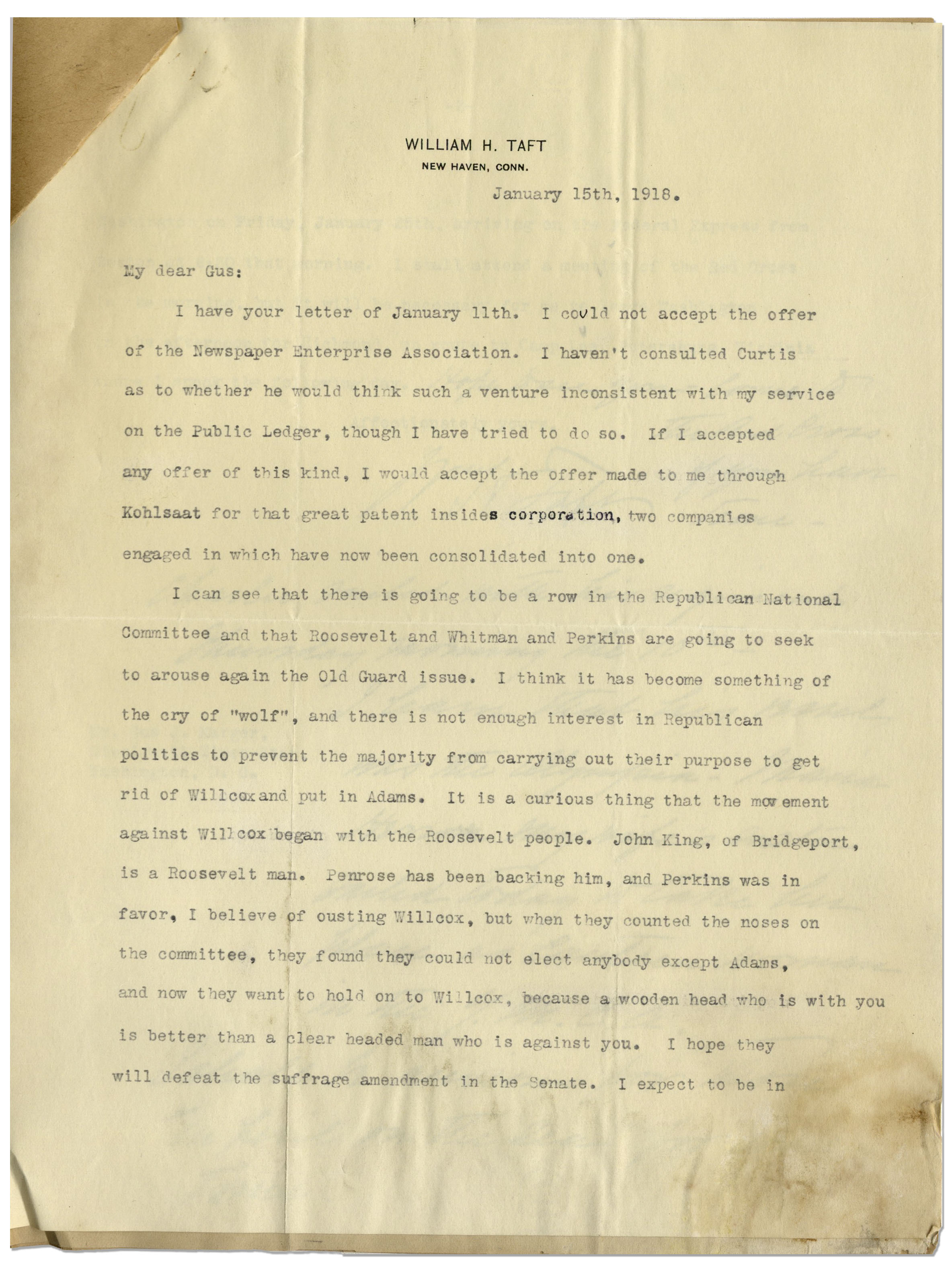 Lot Detail - William Taft Letter Signed During WWI With Long Autograph ...