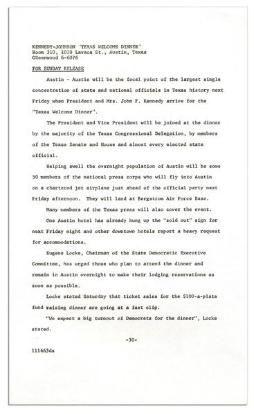 Texas Welcome Dinner Press Releases From the Night of John F. Kennedy's Assassination