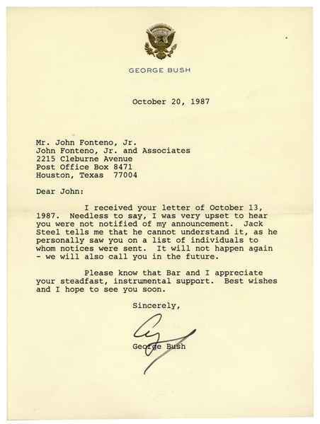 George H.W. Bush Letter Signed as Vice President -- ''I was very upset to hear you were not notified'' -- Bush Refers to His Announcement to Run for President