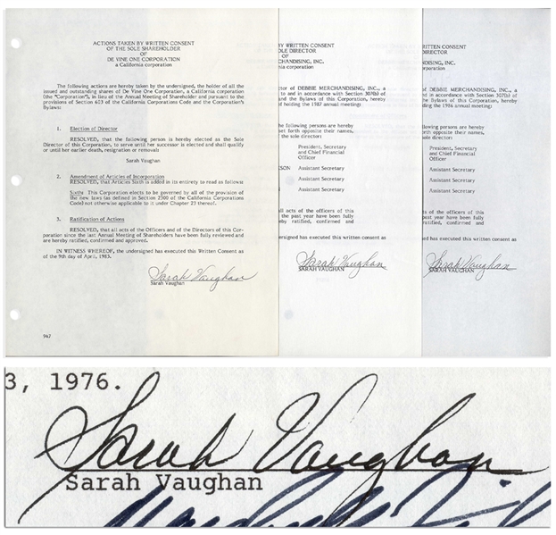 Jazz Singer Sarah Vaughan Lot of 5 Documents Signed -- Plus a Binder From Her Company Containing Unsigned Documents Related to Her Career