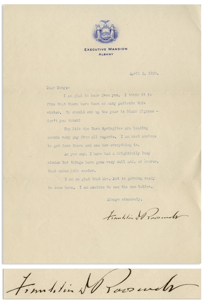 Franklin D. Roosevelt Letter Signed in Full, ''Franklin D. Roosevelt'' to His Physical Therapist -- ''...The life the Warm Springites are leading sounds very gay from all reports...''