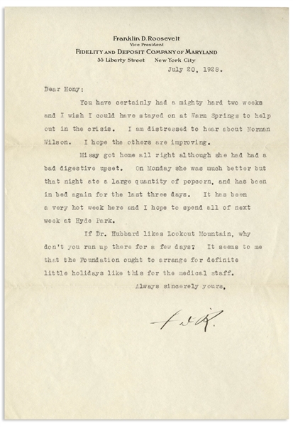 Franklin D. Roosevelt Letter Signed From 1928 Regarding a Crisis at Warm Springs -- ''...I wish I could have stayed on at Warm Springs to help out in the crisis...''