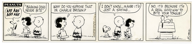 Original Charles Schulz Hand-Drawn Peanuts Comic Strip From 1960 Featuring Charlie Brown, Snoopy & Lucy -- Barking Dogs Never Bite