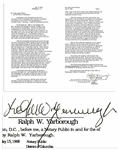 Ralph Yarborough Signed Statement to the Warren Commission Concerning President John F. Kennedys Assassination -- Senator Yarborough Rode in the Vice Presidents Limousine Two Cars Behind JFK