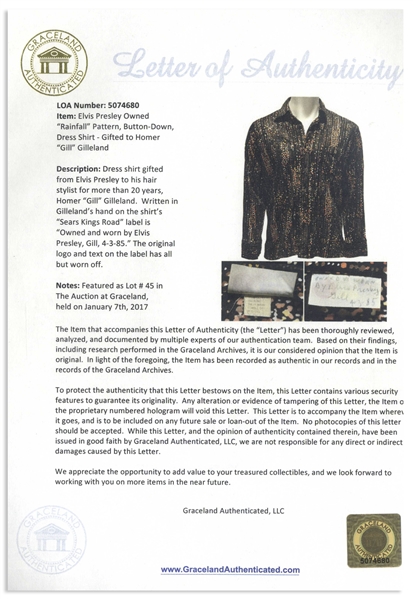 Elvis Presley Personally Owned & Worn Shirt, in Distinctive 1960-70s Pattern -- With COA From Graceland Authenticated