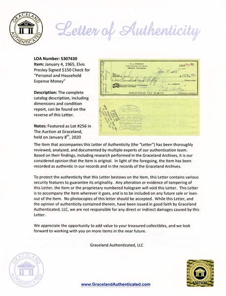 Elvis Presley Check Signed From 4 January 1965 Made Out to ''Cash'' -- With COA From Graceland Authenticated