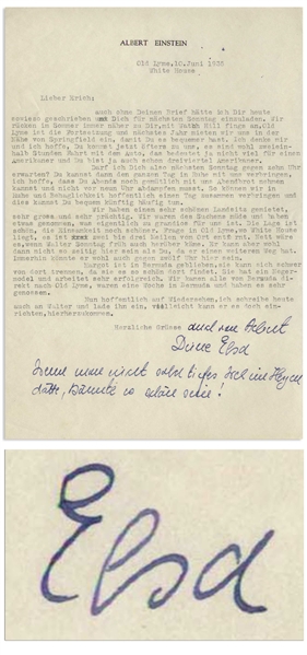 Elsa Einstein Letter Signed From 1935, on Albert Einstein's Stationery -- ''...We rented a beautiful country house, very large and very stately...too grandiose for us, really...''