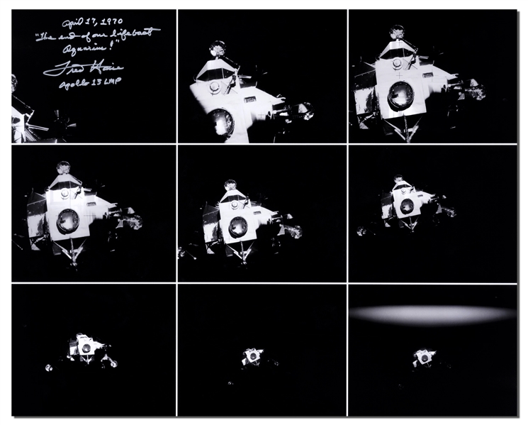 Fred Haise Signed 20'' x 16'' Photo of Apollo 13's ''Lifeboat'', the Lunar Module After It Was Jettisoned Just Before Reentry -- Haise Writes ''The end of our lifeboat Aquarius!''