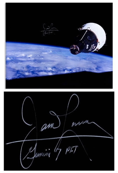 James Lovell Signed 20'' x 16'' Photo of the Gemini VII Spacecraft, as Seen by Gemini VI-A in Rendezvous