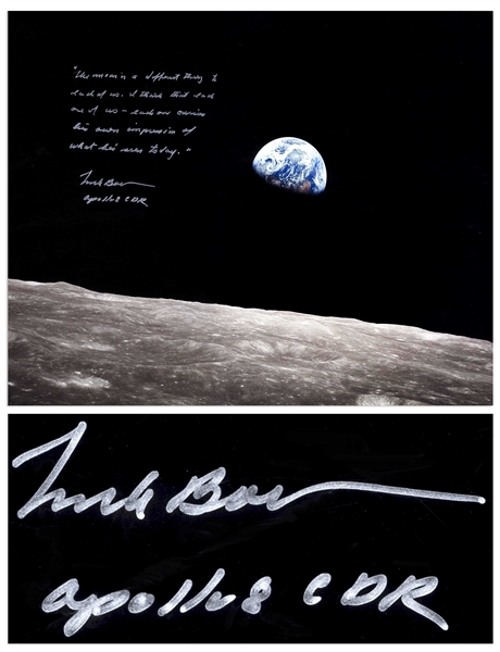 Frank Borman Signed 20'' x 16'' Photo, With His Thoughts About the Moon: ''...each one carries his own impression of what he's seen today...''