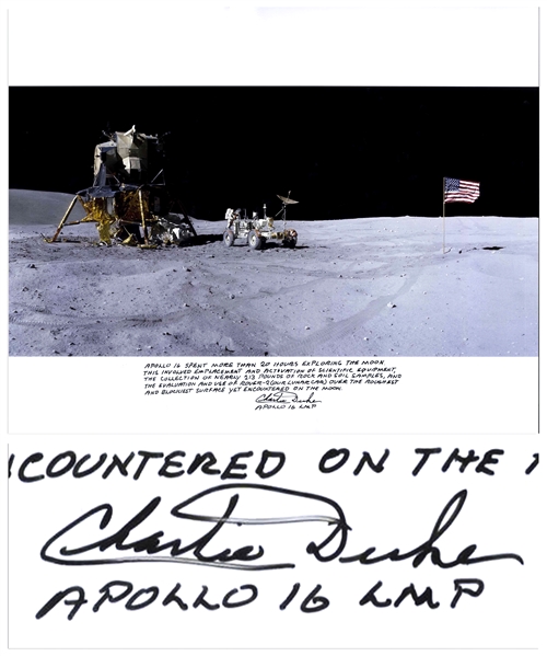 Charlie Duke Signed 20'' x 16'' Photo of the U.S. Flag Raised on the Lunar Surface -- With a Handwritten Inscription About the Mission: ''...Apollo 16 spent more than 20 hours exploring the moon...''