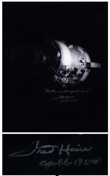 Fred Haise Signed 16'' x 20'' Photo of the Apollo 13 Damaged Service Module -- Haise Also Writes the Famous Quote, ''Houston, we've had a problem here!''