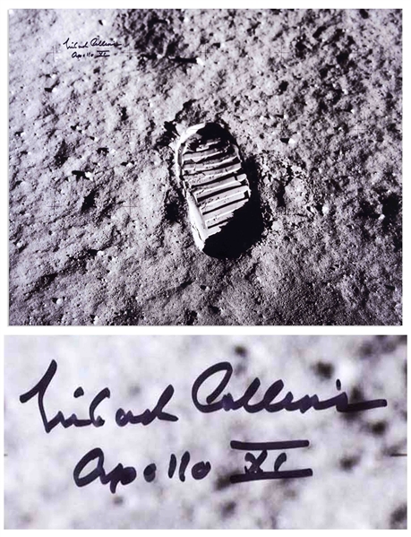 Michael Collins Signed 20'' x 16'' Photo of Buzz Aldrin's Footprint Upon the Moon