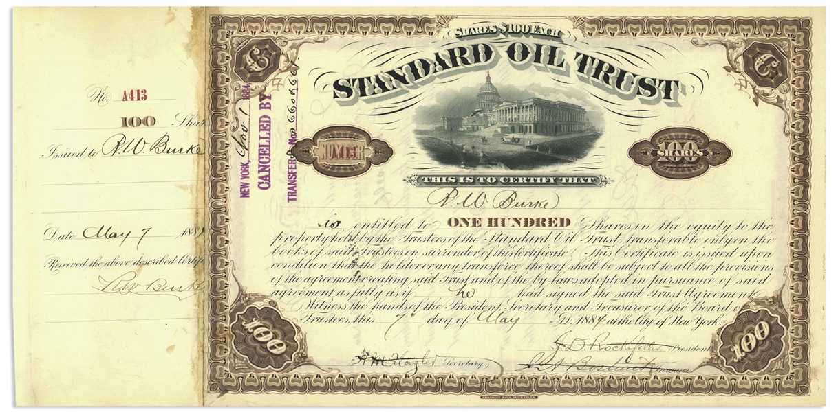 John D. Rockefeller Signed Stock Certificate for Standard Oil Trust From 1884