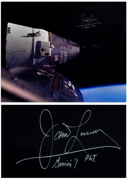 James Lovell Signed 20'' x 16'' Photo of the Gemini 7 Spacecraft, as Seen by Gemini 6