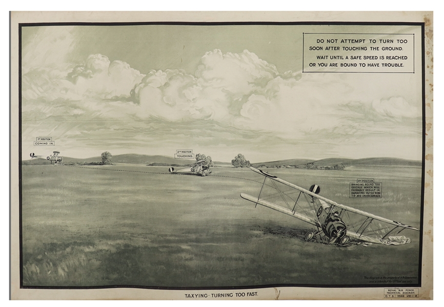 Royal Air Force World War I Training Poster -- Large-Format Lithograph Poster Entitled ''Taxying - Turning Too Fast'' Measures 40'' x 27''