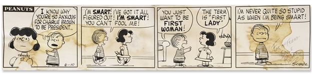 Charles Schulz Original Hand-Drawn Peanuts Comic Strip -- In This 1960 Strip, Lucy Has Notions of Being First Lady, With Charlie Brown as President