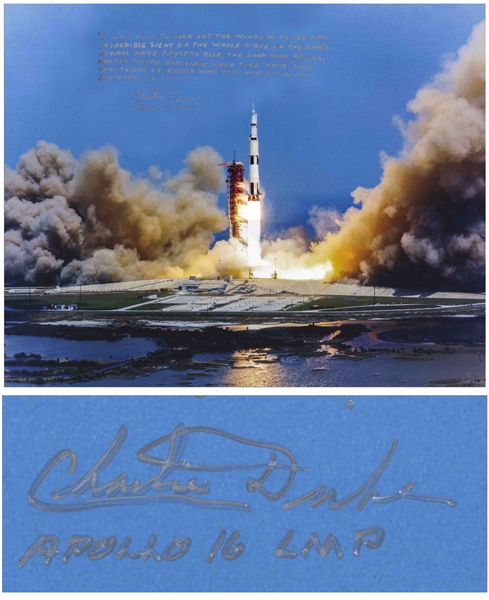 Charlie Duke Signed 20'' x 16'' Photo of the Apollo 16 Rocket Launch -- With a Handwritten Recollection About the Mission: ''...That jewel of Earth was just hung up in the blackness of space!...''