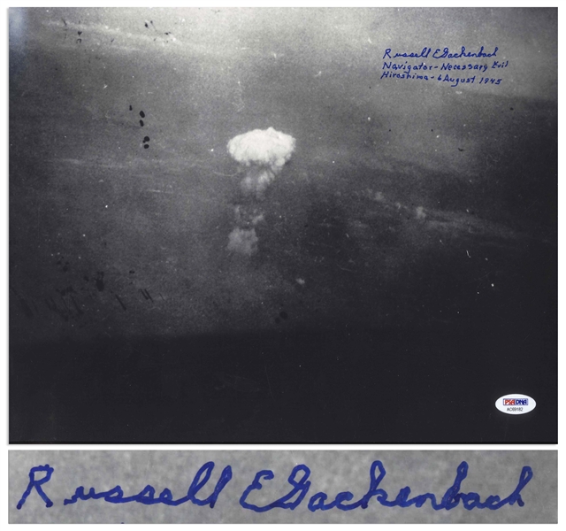 Russell Gackenbach Signed 14'' x 11'' Photo of the Hiroshima Bombing -- Gackenbach Was Navigator of the Photographic Plan ''Necessary Evil'', and Took This Famous Hiroshima Photo -- With PSA/DNA COA