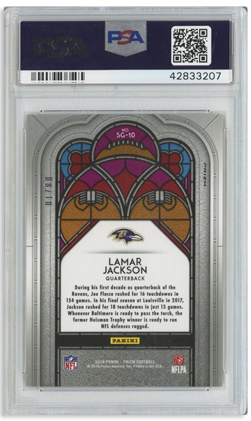Lamar Jackson 2018 Panini Prizm Stained Glass Rookie Card -- Gold Mojo #SG-10 -- PSA Graded Gem Mint 10